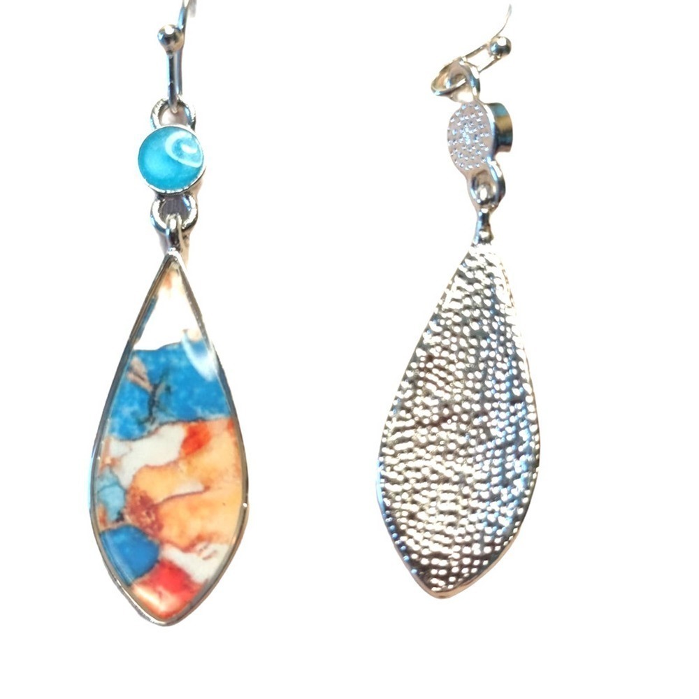 NEW HAND PAINTED SILVER DANGLE DROP EARRINGS BLUE ORANGE GLASS EARRINGS DANGLE - Picture 3 of 5
